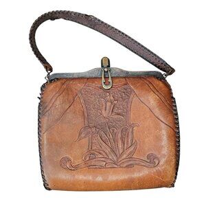 Antique 1920s Art Nouveau Hand Tooled Brown Leather Purse Handbag Flower Floral‎